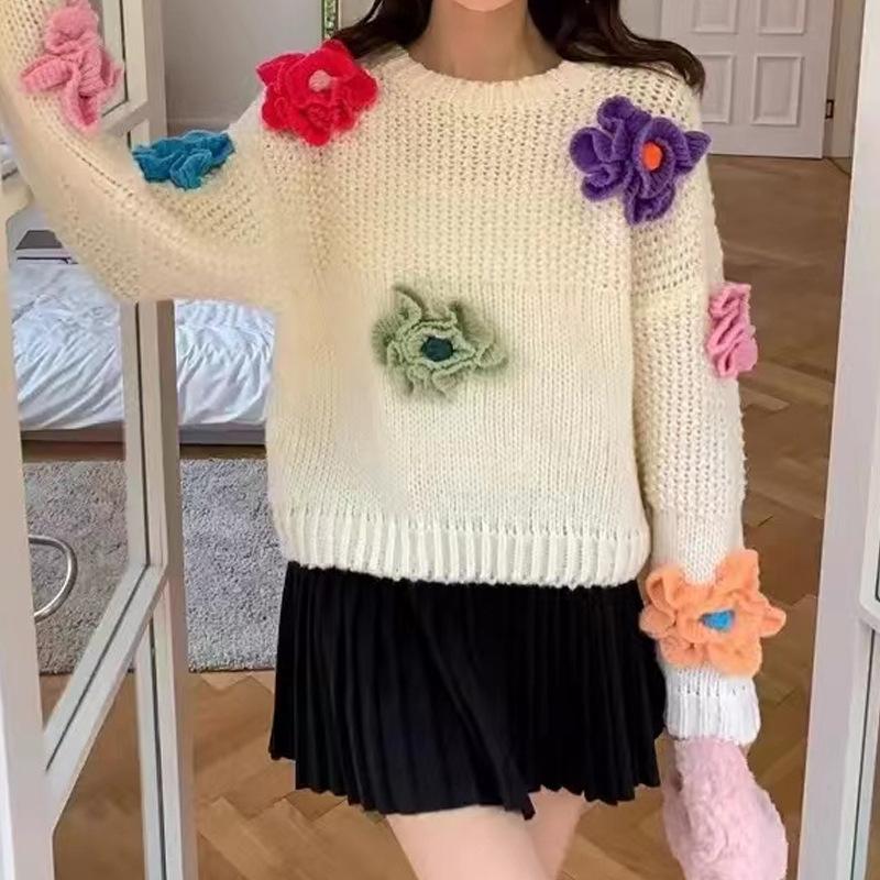 Новый трехмерный цветочный вязаный женский свитер для женщин, новый свободный, томный, ленивый, ветер, иностранный, сладкий, женский свитер
