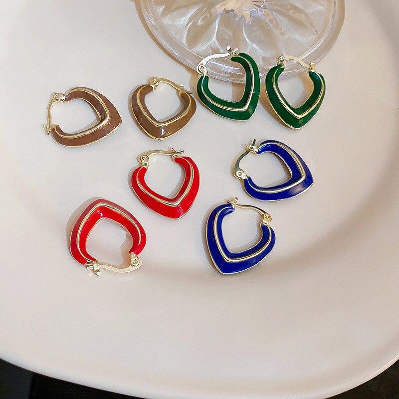 Minimalist Simple Fashionable Stylish Blue Red Green Brown Color Heart Metallic Women Earrings New Arrival Korean Style Brincos JewelrySimple Jewelry