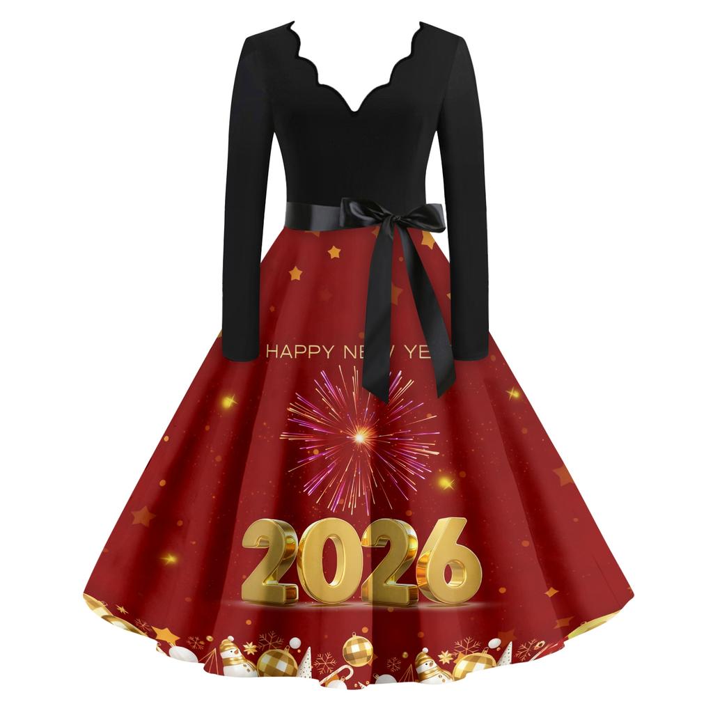 Женское повседневное модное платье винтажного стиля с V-образным вырезом и новогодним принтом