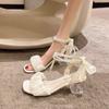 Fashion Women's Pumps Transparent Heels Womens Sandals Solid Colors Pearls Womens Shoes Comfortable Lace-up Sandalias De Tacón