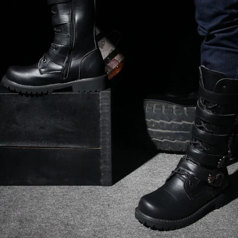 Winter Men Motorcycle Boots Fashion Mid-Calf Punk Rock Punk Shoes Mens PU Leather Black High Top Casual Boot Man