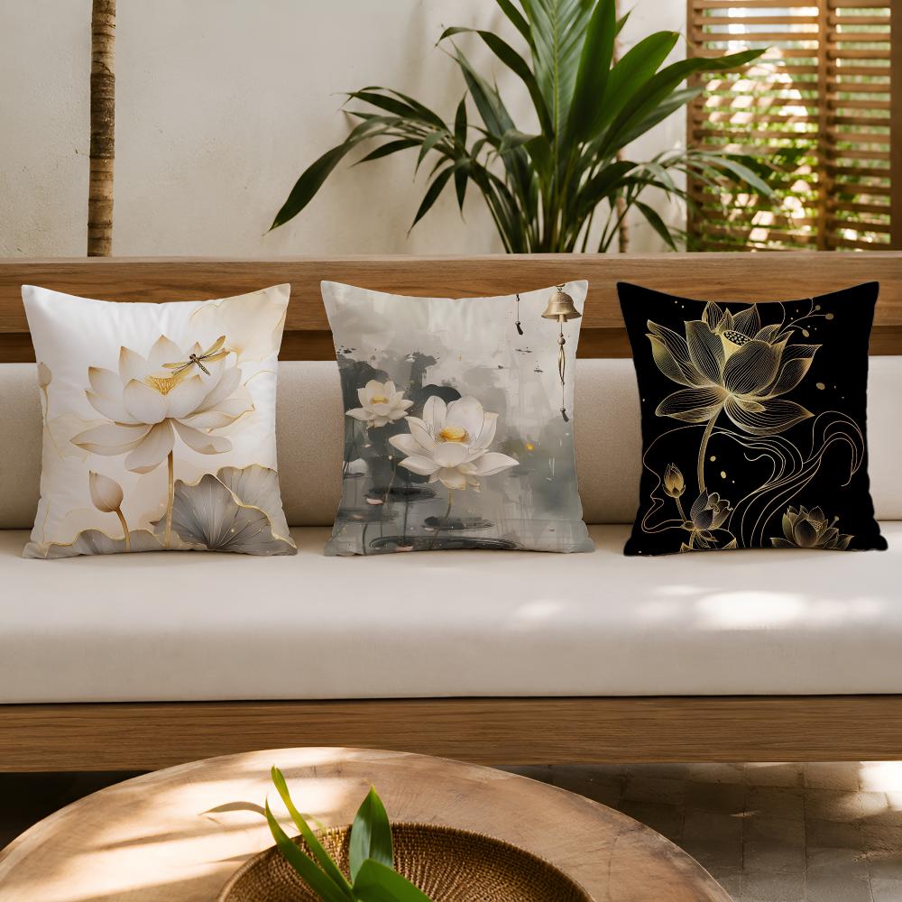 Simpl Pretty Golden Lotus Cushion Cover Breathable Short Plush Pillow Cases Machine Washable Wrinkle-Resistant Soft Durable
