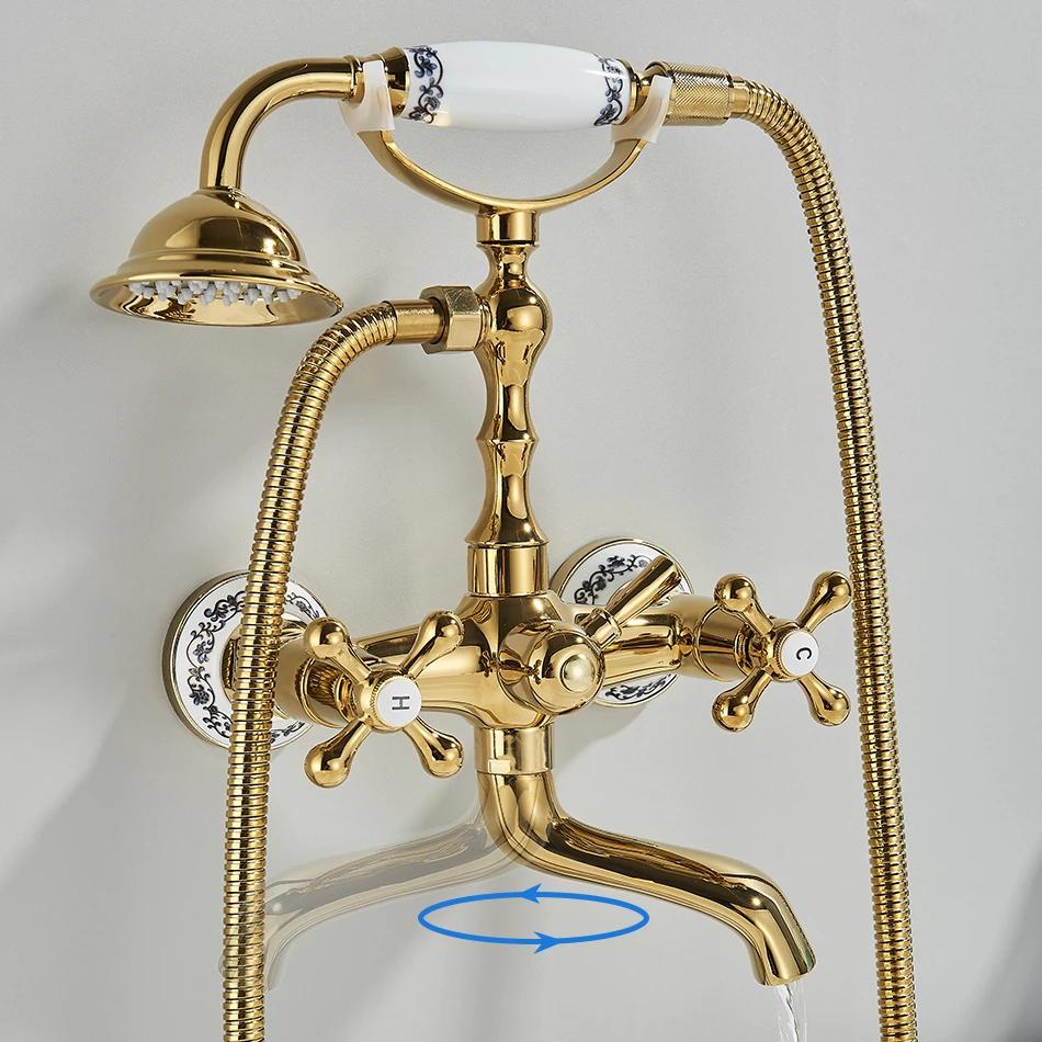 Luxury Golden Black Bathtub Faucet Mixer Tap Telephone Style With Sprayer Hand Shower Rotate Spout Tub Hot Cold Water Mixer Sets