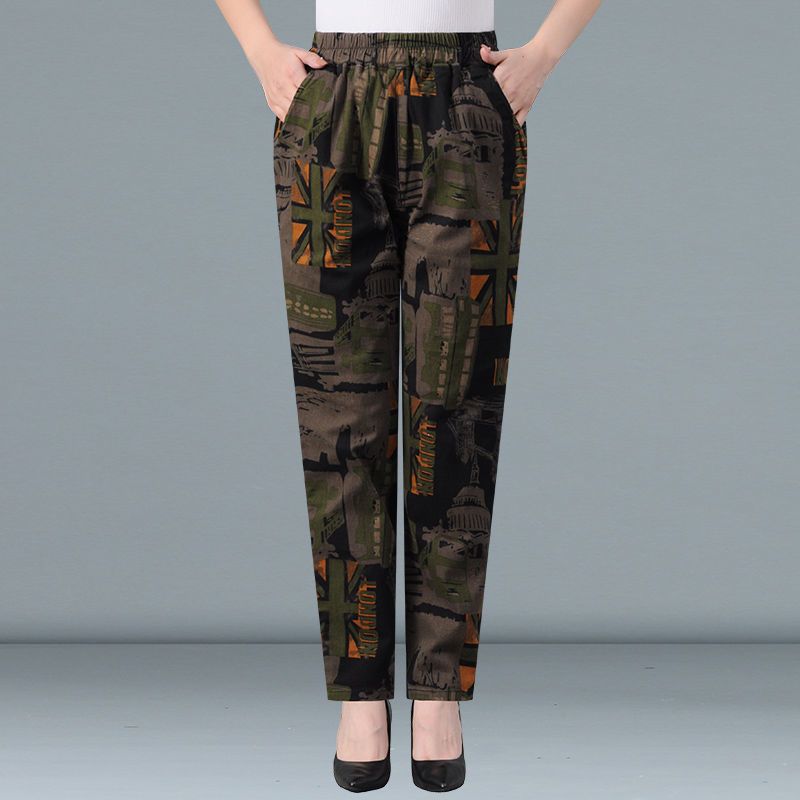 Свободные женские брюки с цветочным принтом и высокой талией, летние повседневные брюки Haren для людей среднего и пожилого возраста, женские брюки