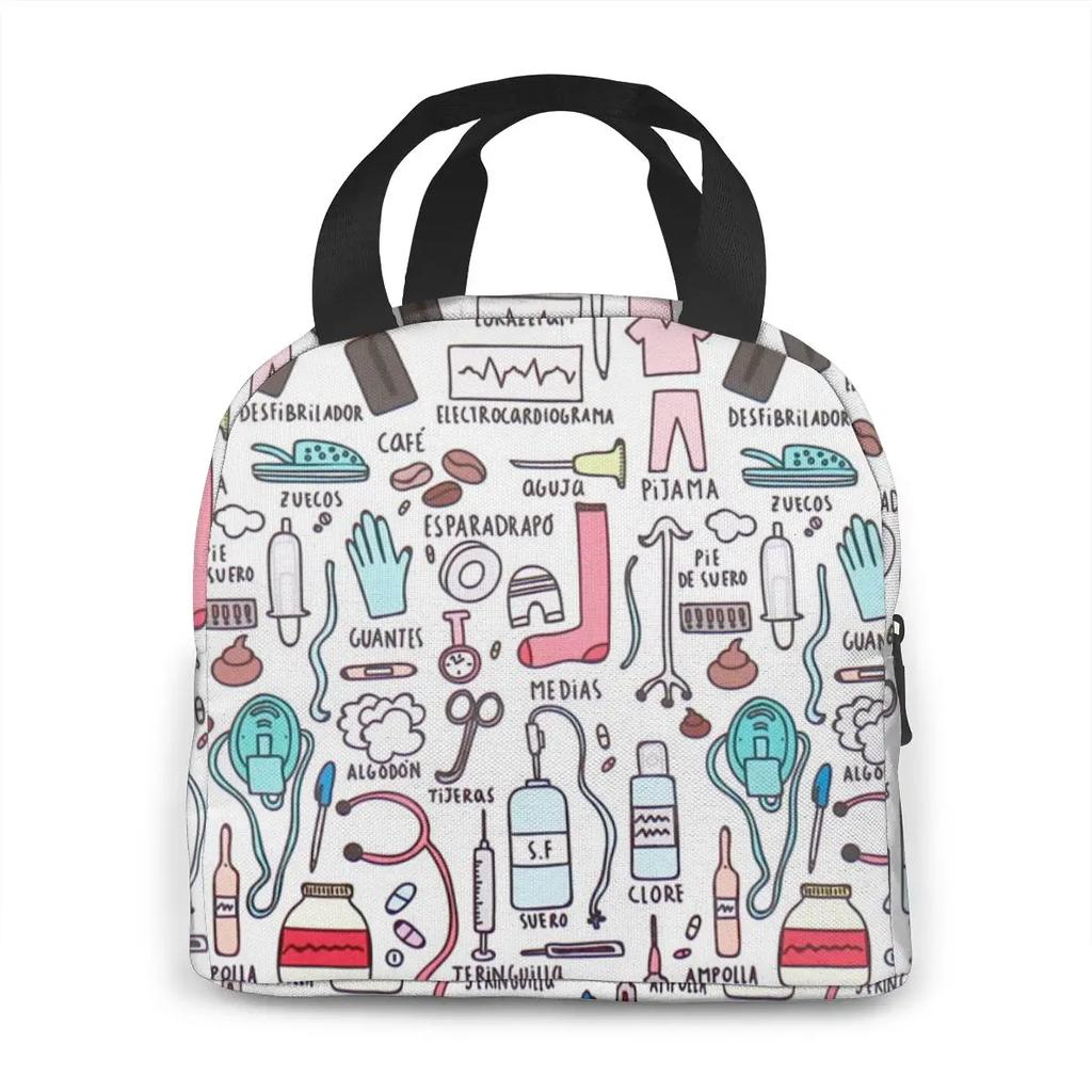 Travel Nurse Bag Insulated Lunch Bags Women Cartoon Nurse Print Food Case Cooler Warm Bento Box for Kids Lunch Box Picnic Bag