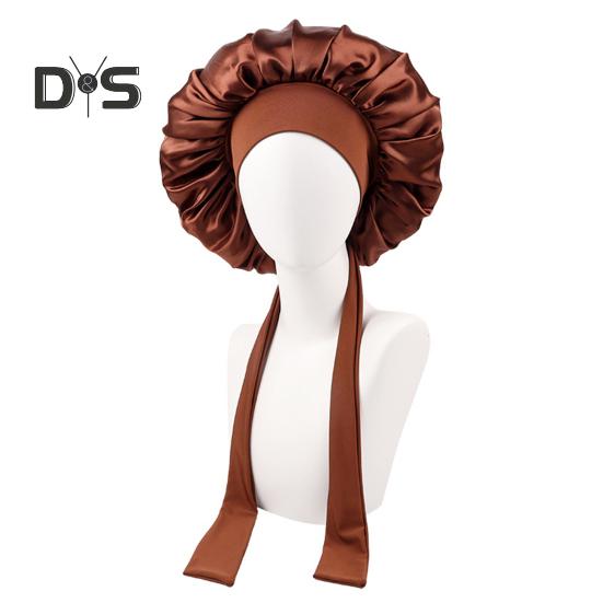 Women Shower Cap Sleeping Satin Bonnet Solid Color Adjustable Lace-up Bow Waterproof High Density Women Braids Curly Night Hat Beauty Parlor Cap