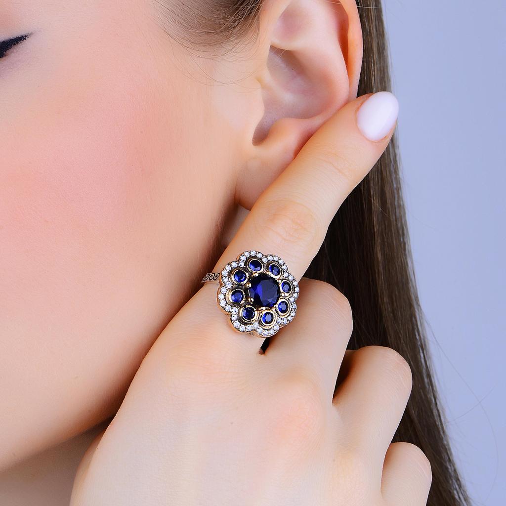 Серебряное кольцо с цветочным дизайном, серебряное кольцо с сапфировым камнем, уникальное серебряное кольцо с османским дизайном, идея роскошного женского подарка для женщин