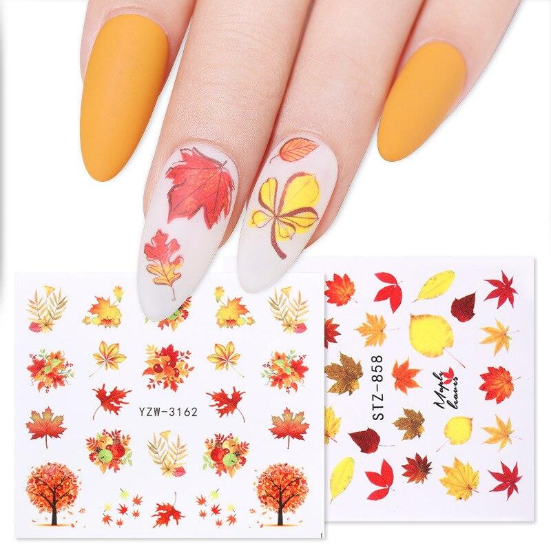 1PC 6.1*5.3cm Watermark Fall Leaves Nail Decals Autumn Yellow Maple Leaf Nail Art Stickers DIY Manicure Slider Decorations