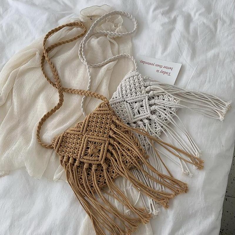 Yogodlns Bohemian Tassel Straw Bag Women Fashion Weave Handmade Crossbod Bag Summer Kintted Beach Handbag Vacation Lady Pouch