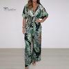 Женский комбинезон с цветочным принтом и v-образным вырезом, эластичный комбинезон с высокой талией и широкими штанинами, повседневный цельный наряд для летнего пляжного путешествия, повседневная одежда