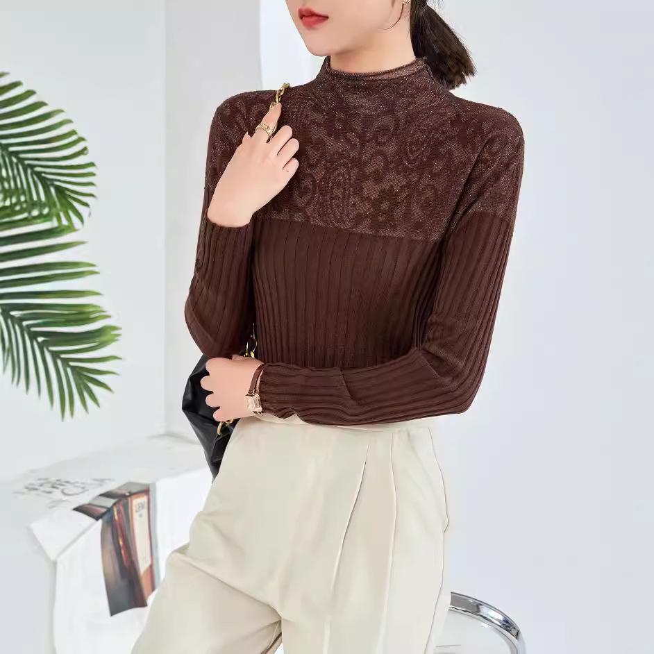 2024 Autumn/Winter Women's Silk Wool Sweater - Lace-Stitched Design with Curling Half High Collar
