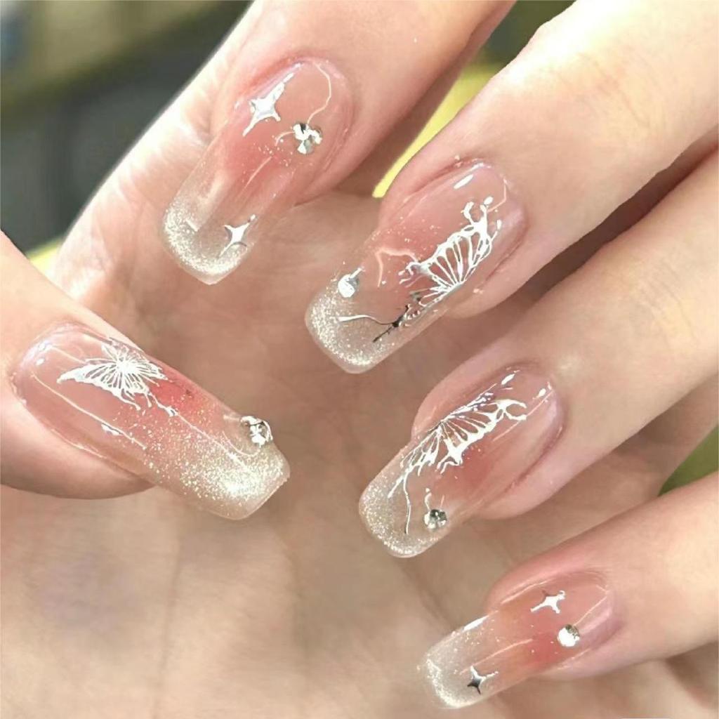 Nail Art Hand Painted Liquid Butterfly Sticker Silver Dark Waterproof Ins Hollow Black and White Silver Decals