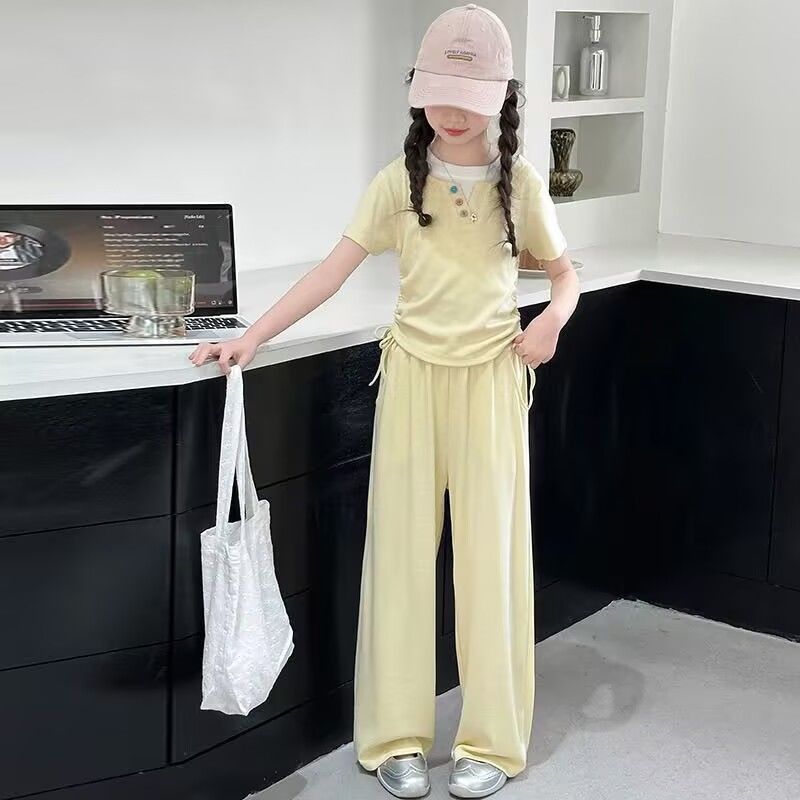Girls' Summer Set Fashionable and Casual Children's Summer Short Sleeved Wide Legged Long Pants Two-piece Set