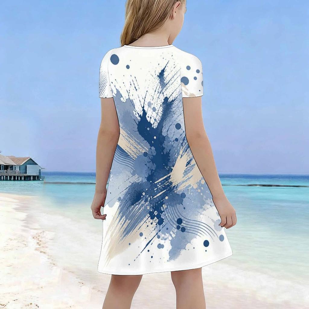 Girls Round Neck Short Sleeve Abstract Printed Blue Beige White A Line Flared Dress