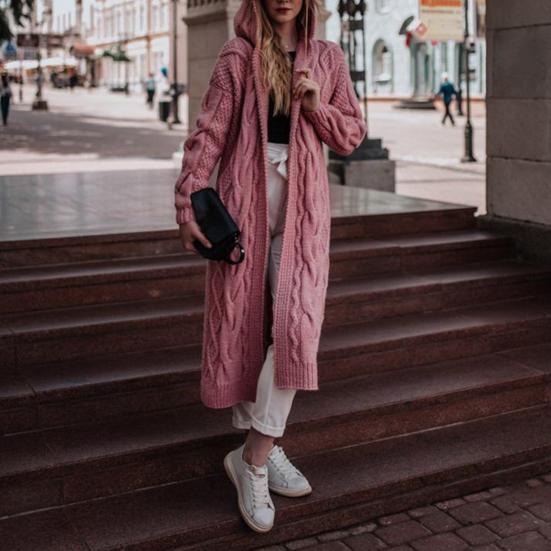 Long Style Women Cardigan Loose Fit Solid Color Hooded Front Open Warm Autumn Winter Twist Design Knit Coat For Daily Wear