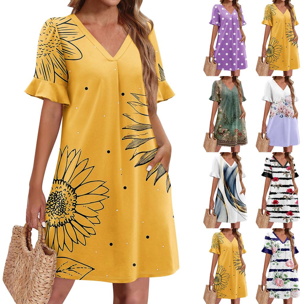 Летние платья для женщин с V-образным вырезом, оборками и коротким рукавом, повседневное свободное платье с принтом, пляжное платье с карманами