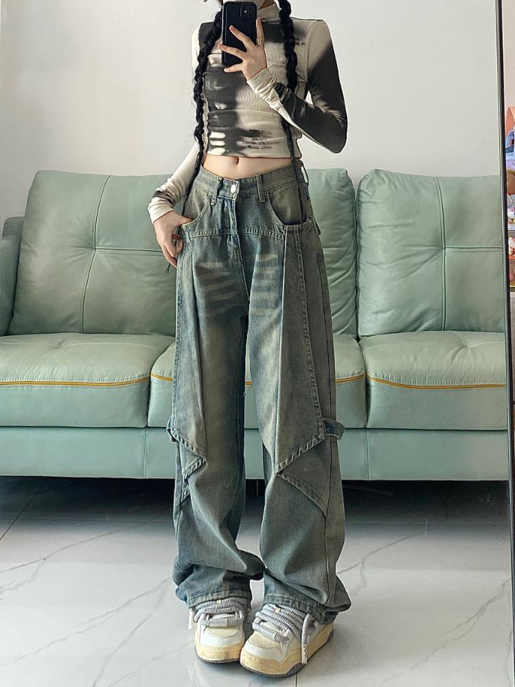 Blue American Vintage High Waist Chic Jeans Women Fashion Y2K Streetwear Wide Leg Pants Female 90s Deisign Sense Casual Baggy Denim Trouser