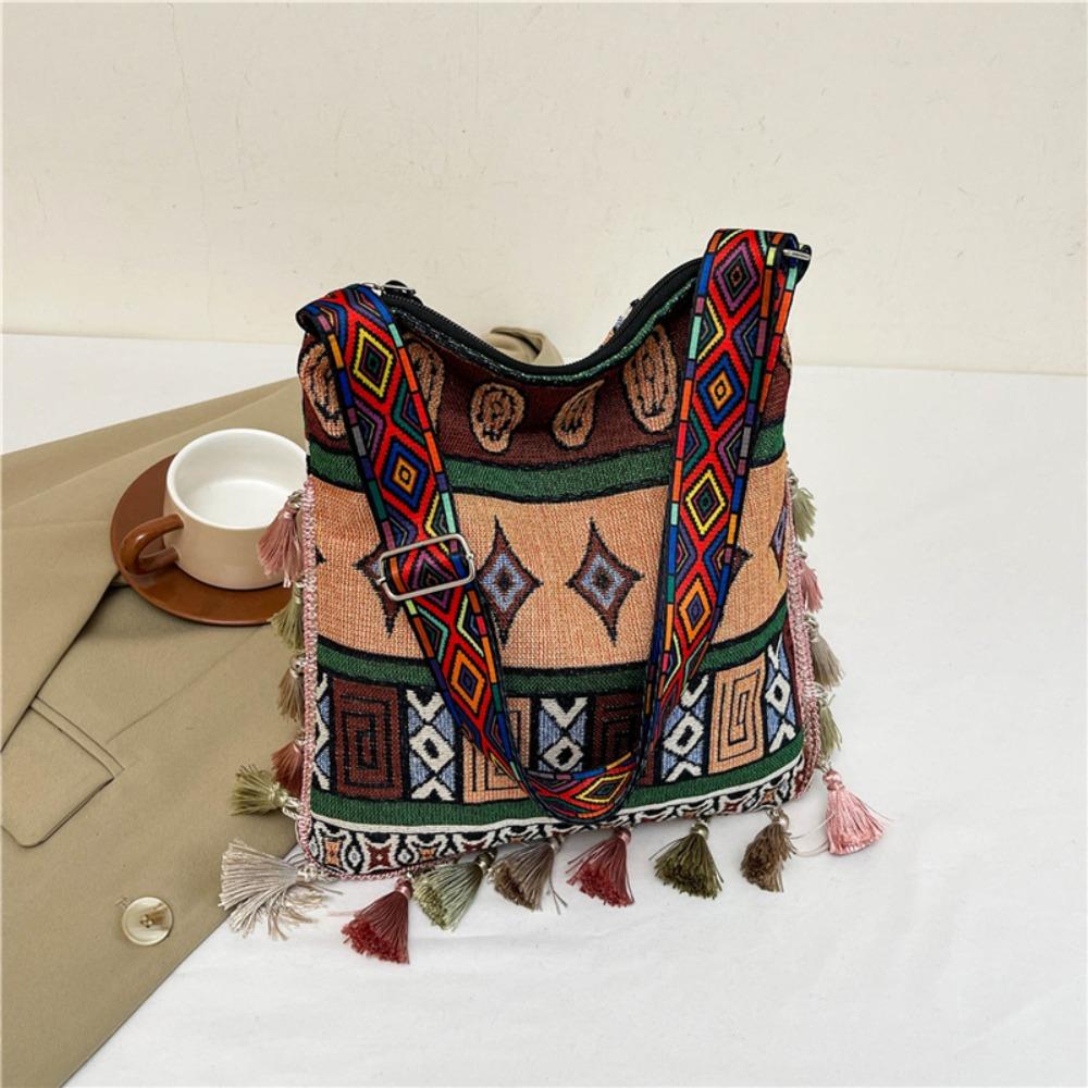 Large Capacity Ethnic Style Crossbody Bags Geometric Bohemian Tote Bag Tassel Shoulder Bag  Travel