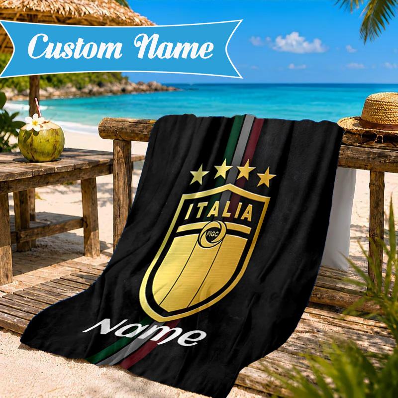 Custom Name Beach Towel Italian Football Crest Microfiber Beach Towel, Lightweight for Summer Travel, Swimming Pool Fan Birthday Gift