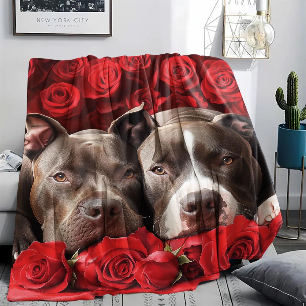 Pitbull and roses,pattern Flannel Blanket, High quality Comfortable for All Seasons, Home Decor, Warmth and Comfort, Perfect for Gifts.