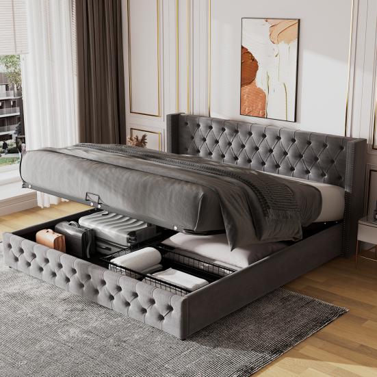 Multifunctional Double Bed Upholstered with Ear Shape, Row of Rivets, Flannel, Button Stitching at Head And Foot Ends, 180x200cm Hydraulic Functional