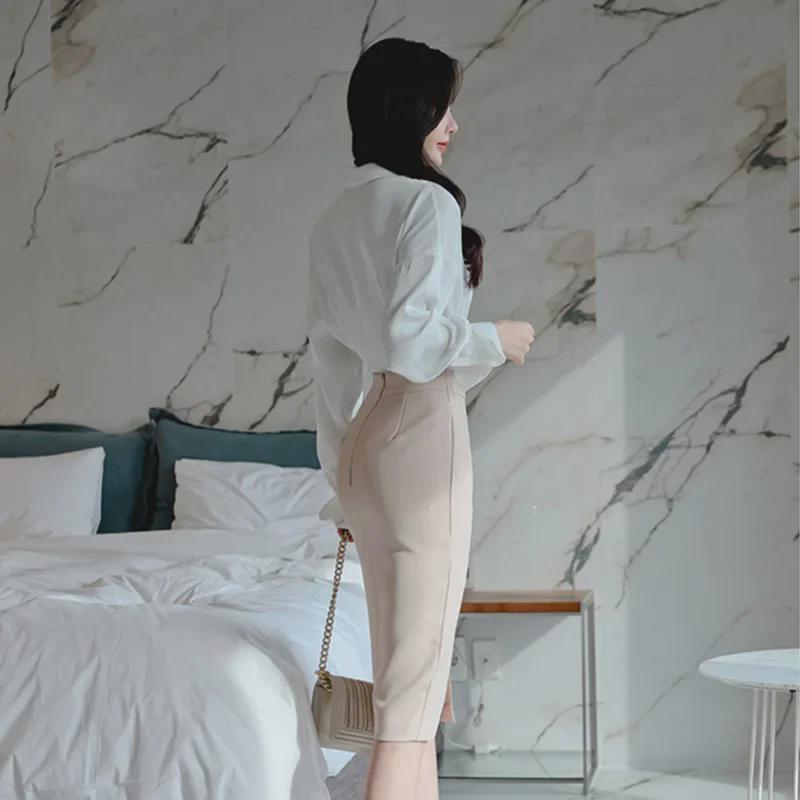 Женский костюм-двойка в корейском стиле, весна 2025: Модная юбка-карандаш знаменитости