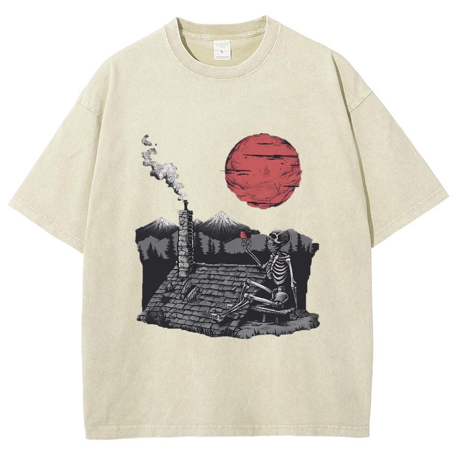 Женская хлопковая футболка с принтом «Японский череп и закат» из города, свободного покроя, со средним рукавом, повседневная, простая, модная