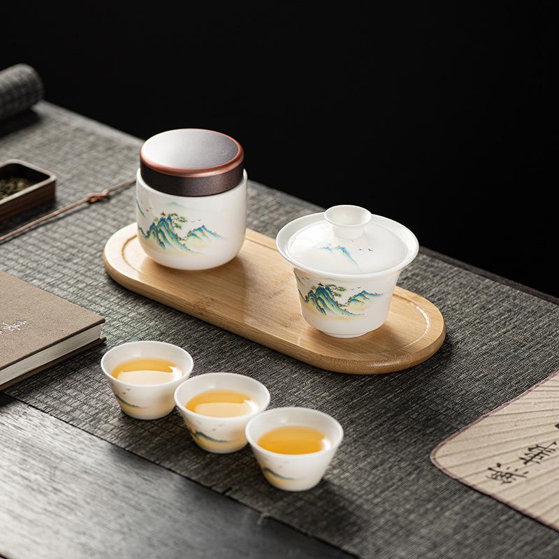 Suet jade white porcelain portable travel tea set small set kung fu cover bowl express cup one pot three cups with tea can