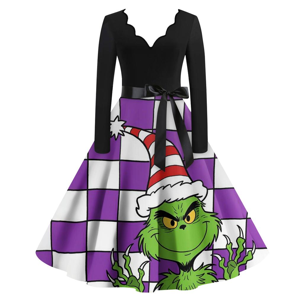 Женское модное ретро платье с длинным рукавом, квадратным вырезом, рождественским принтом, вечернее платье