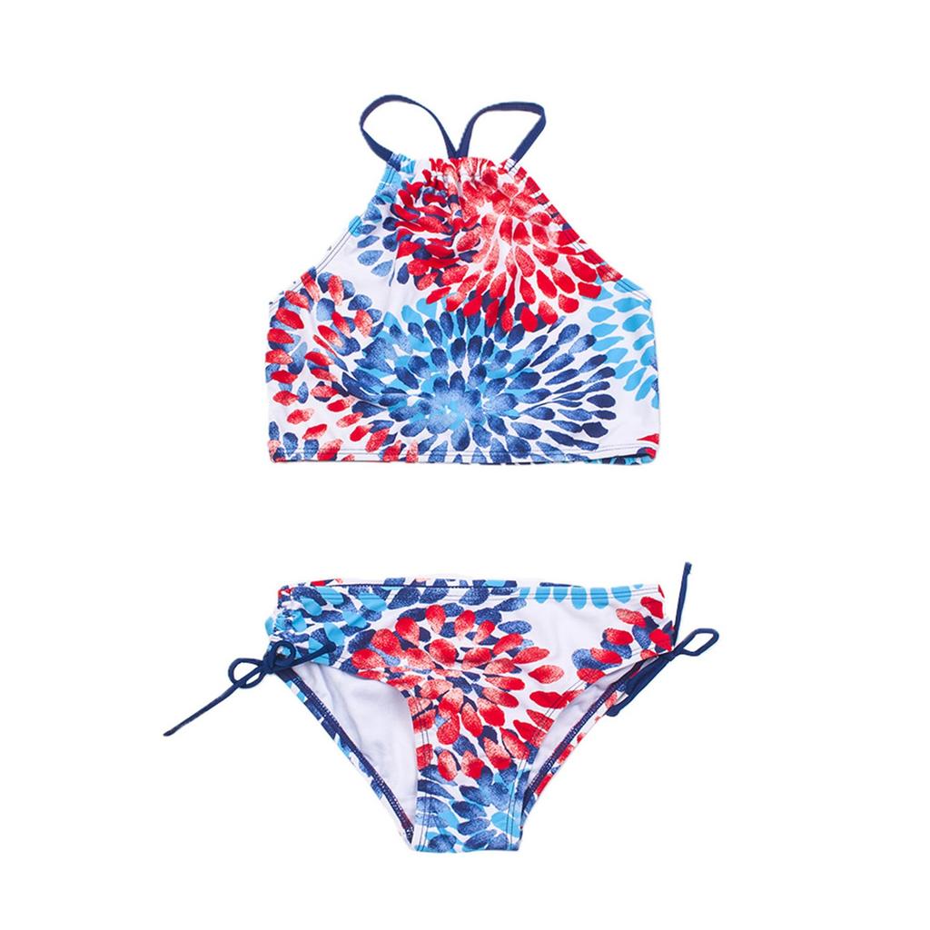 Купальный костюм для девочек, топ с цветочным принтом + плавки бикини на шнурке, костюм для детей 3–14 лет