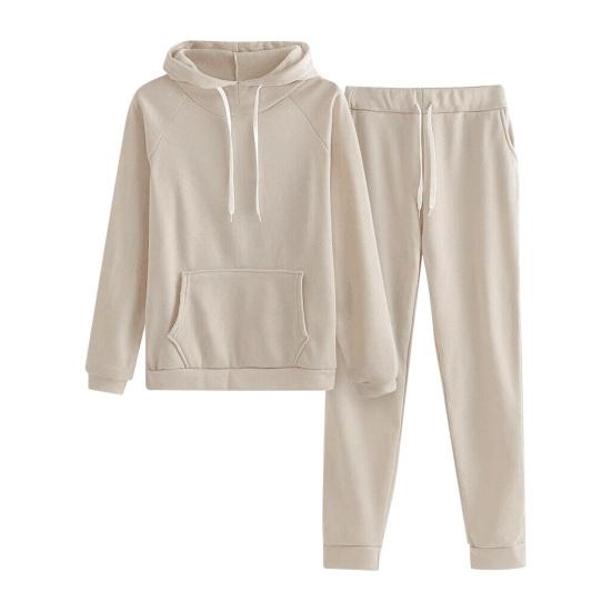 2 Pcs/Set Women Hoodie Pants Suit Solid Color Plush Long Sleeves Thick Top Elastic Waist Ankle-banded Trousers Sport Fitness