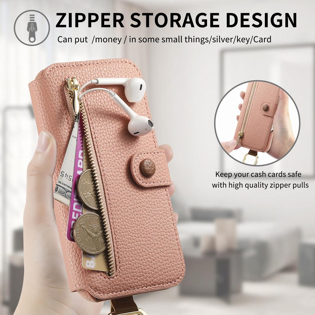 For iPhone 16 Case RFID Blocking Zipper Wallet PU Leather Mobile Cover - Pink