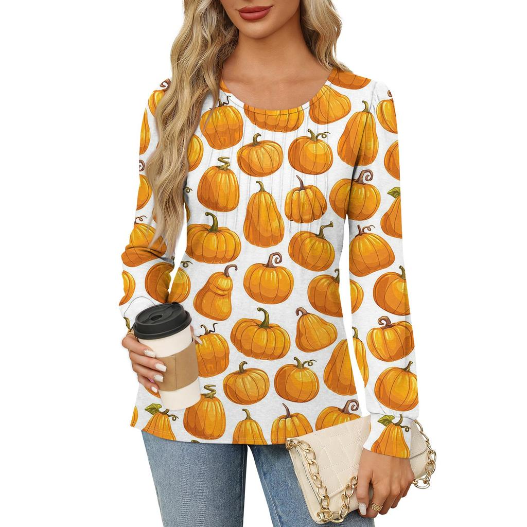 Long Sleeve Shirts For Women Cute Print Graphic Tees Blouses Dressy Casual Blouses Pleated Scooped Neck Tunic Tops Halloween