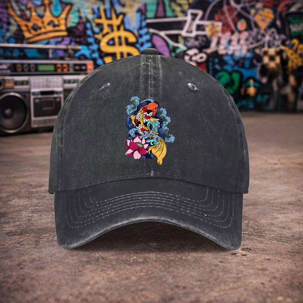 pc Unisex And Wind Koi Lotus Vintage Washed Baseball Cap UnisexS Trendy Hat Versatile Duckbill Cap Fun Print Unique Birth