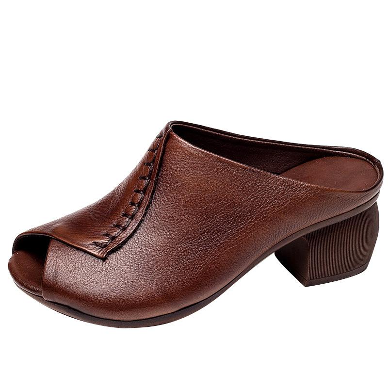 Кожаные мягкие верхние тапочки на среднем каблуке на толстом каблуке, удобные универсальные женские сандалии с рыбьим ротом, женская обувь для мам