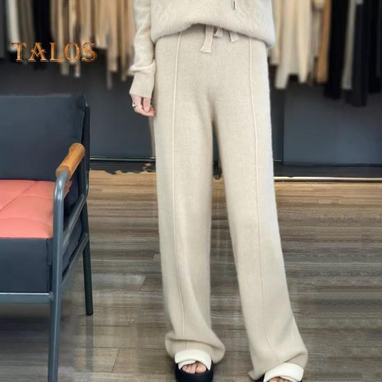 Повседневные шерстяные брюки, однотонные, прямые, широкие, трикотажные брюки с завязками на талии, утолщенные брюки