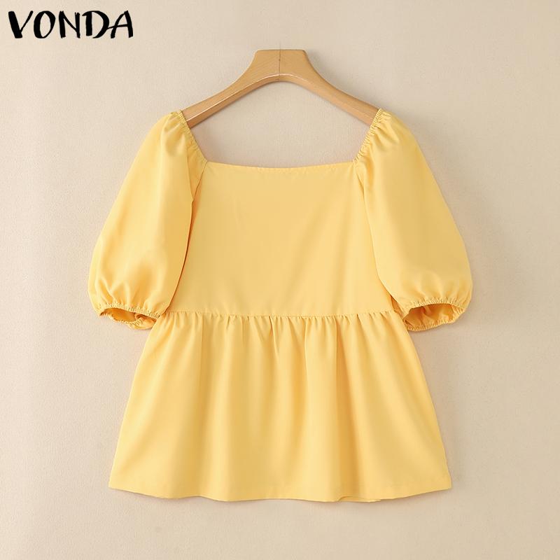 VONDA Summer Women Square Collar Puff Sleeve Ruched Casual Blouse Tops