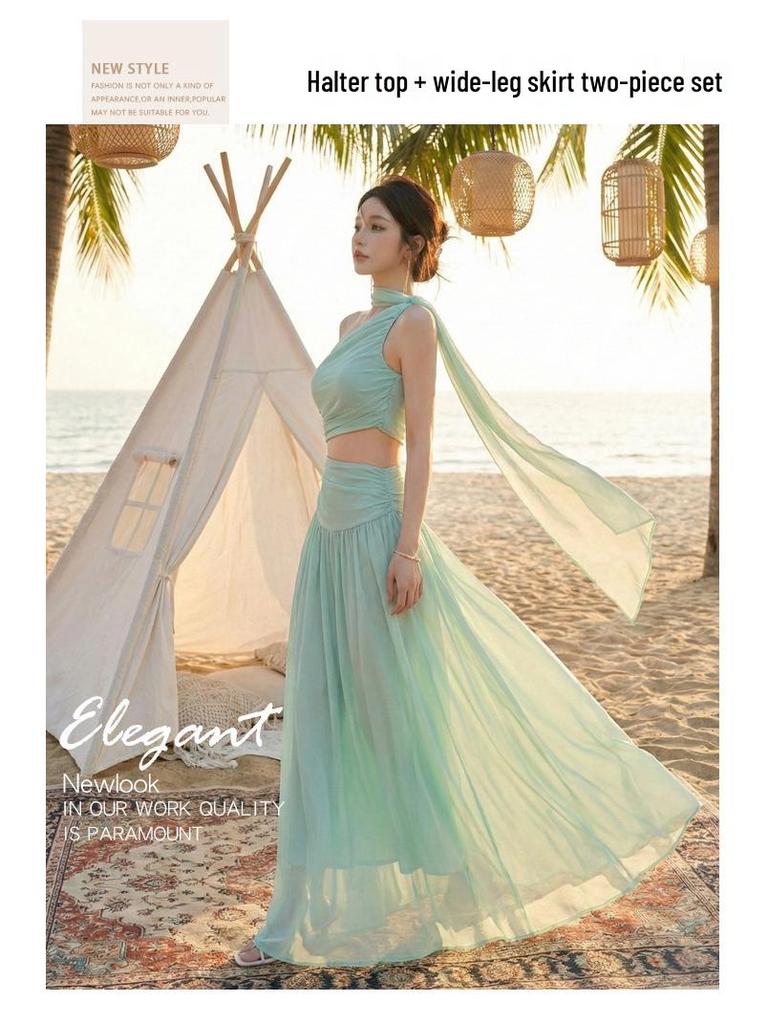 Women's Elegant One-Shoulder Backless Chiffon Beach Dress - Sleeveless, Perfect for Seaside Vacation
