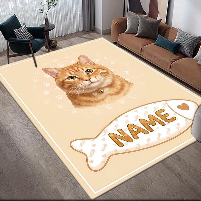 Custom Name,Cat Fish Label Portrait Home Sofa Decoration for Living Room & Bedroom, Non‑Slip Play Flannel Floor Mat for Game Room