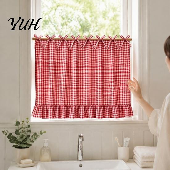 Kitchen Privacy Curtains Buffalo Plaid Oven Curtain Skirt, Door with Ribbon Bows, Rustic Decorative Window Hanging Half Drapes for Farmhouse