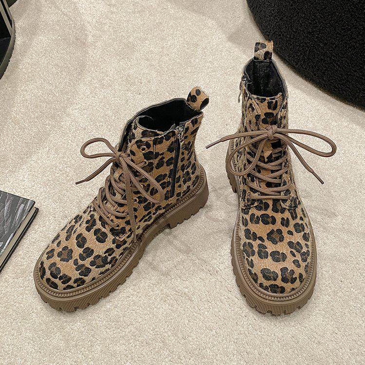 Women Leopard Print Thick Sole Martin Boots Fall Winter Lace Up Fashion Comfortable Shoes