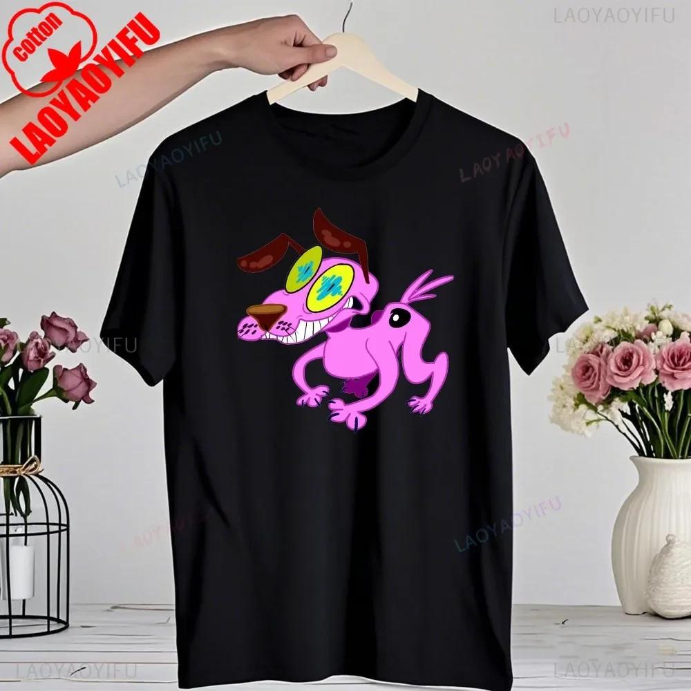 Мультяшная футболка 90-х «Кураж — трусливый пес» Ретро Уличная мода Летняя одежда Топы Подарок Мужчины Женщины Пара Хлопковые футболки