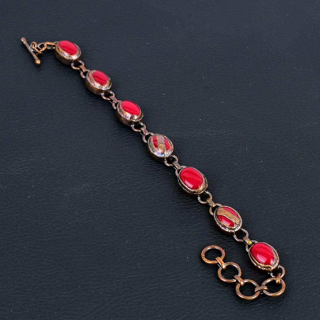Red Coral Handmade Gemstone Bracelet, Copper Electroformed Bracelet Antique Jewelry, For Engagement Gift