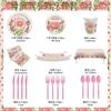 Mother'S Day Pink Flower Party Set Disposable Paper Plate Tissue Paper Cup Flag Party Decoration
