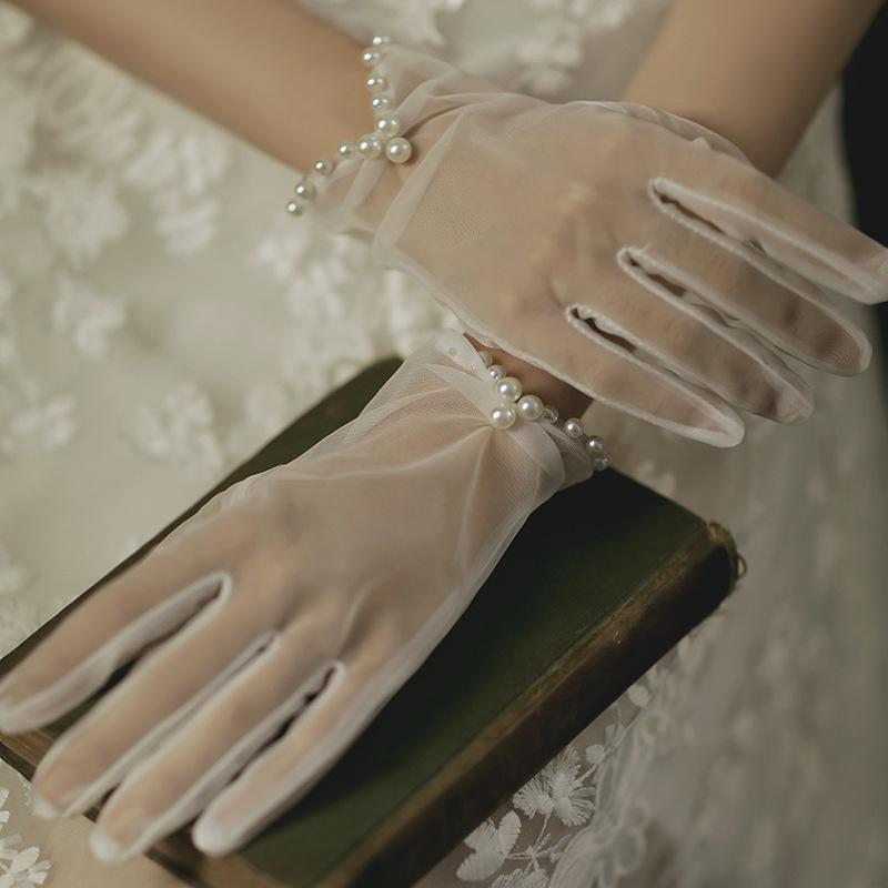 Women Bridal Elegant Wedding Short Gloves Mesh Satin Beaded Pearl Gloves Evening Dress Accessories