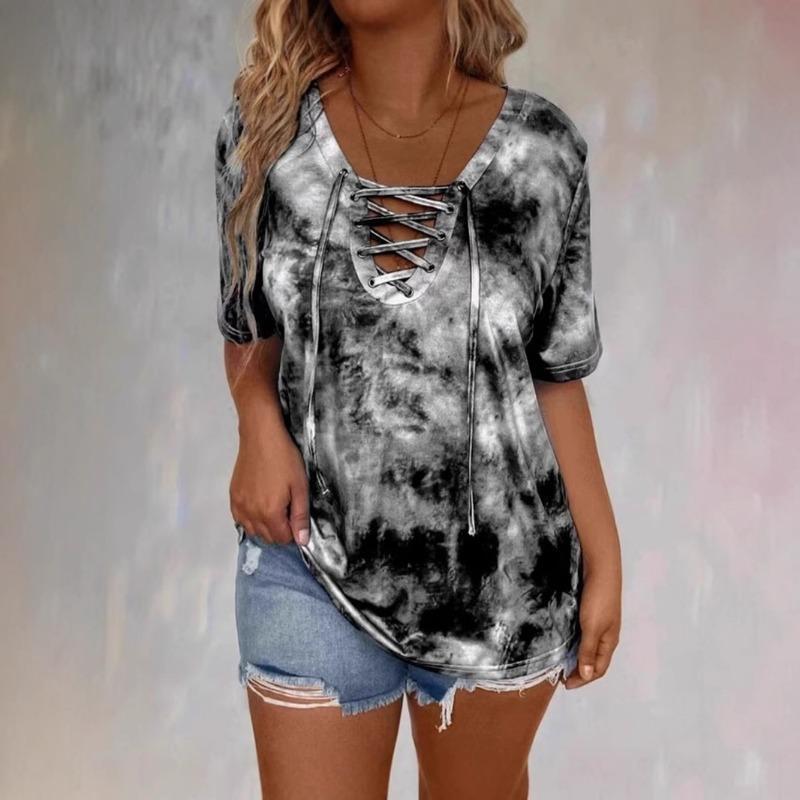 Женская розовая футболка с tie-dye, шнуровкой, V-образным вырезом, короткими рукавами, повседневная, свободного кроя