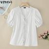 VONDA Women V Neck Puff Sleeve Buttons Up Ruffled Solid Casual Blouse