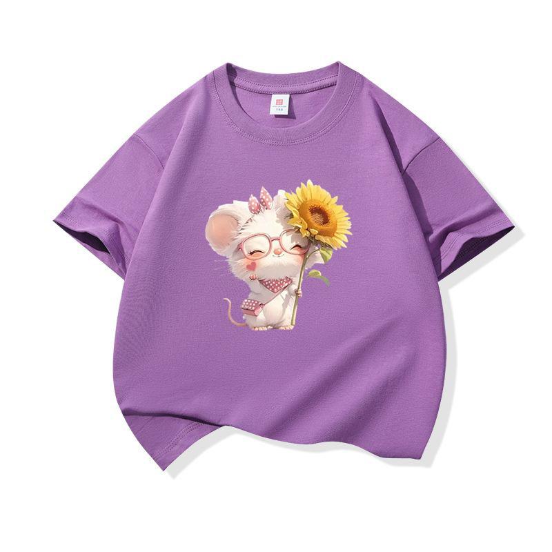 Kids Cotton T Shirt Cute Mouse With Sunflower Flower Print Crew Neck Short Sleeve Tee Casual Boys Girls Summer Tops
