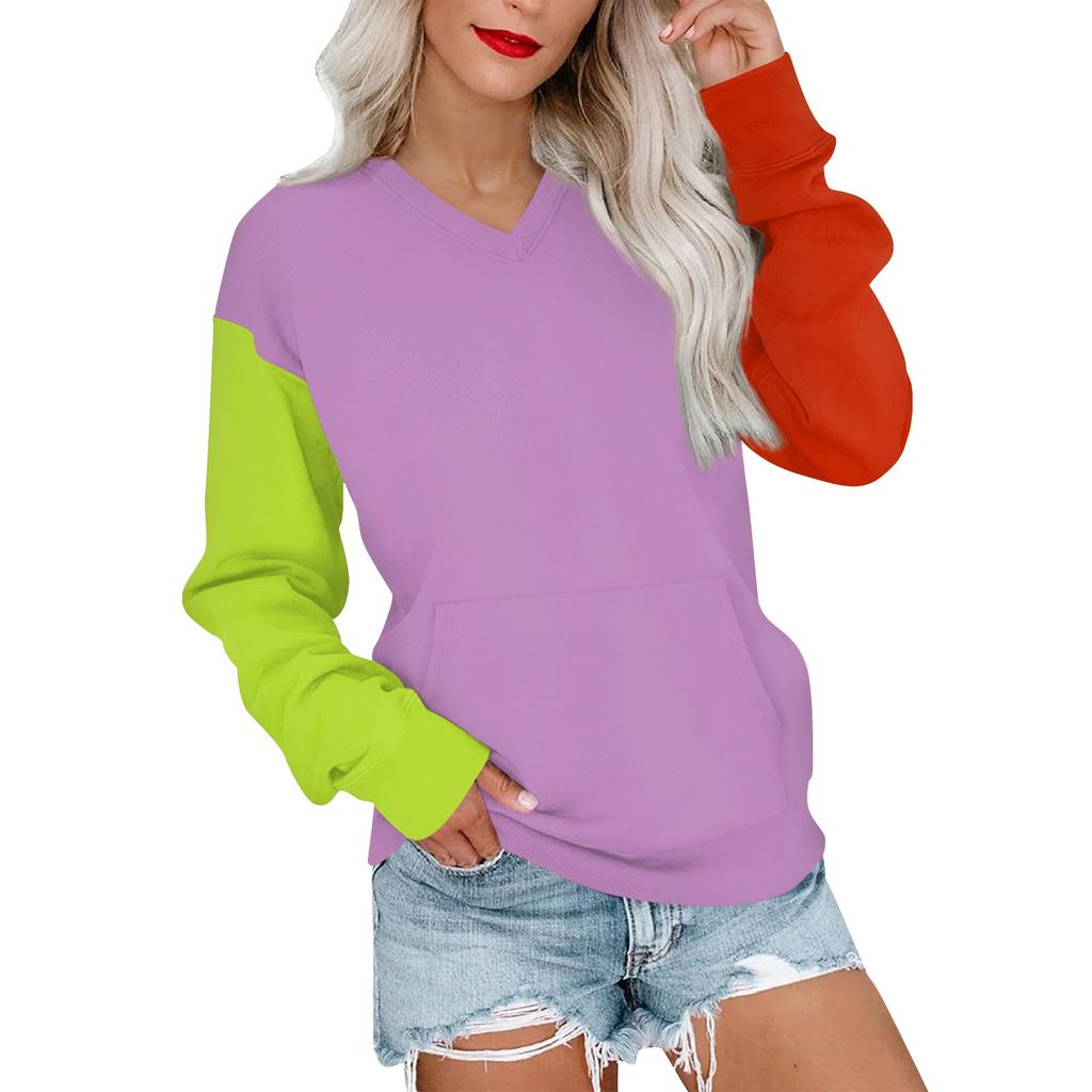 Женская повседневная модная цветная стеганая толстовка с V-образным вырезом и длинным рукавом, легкий пуловер с карманами