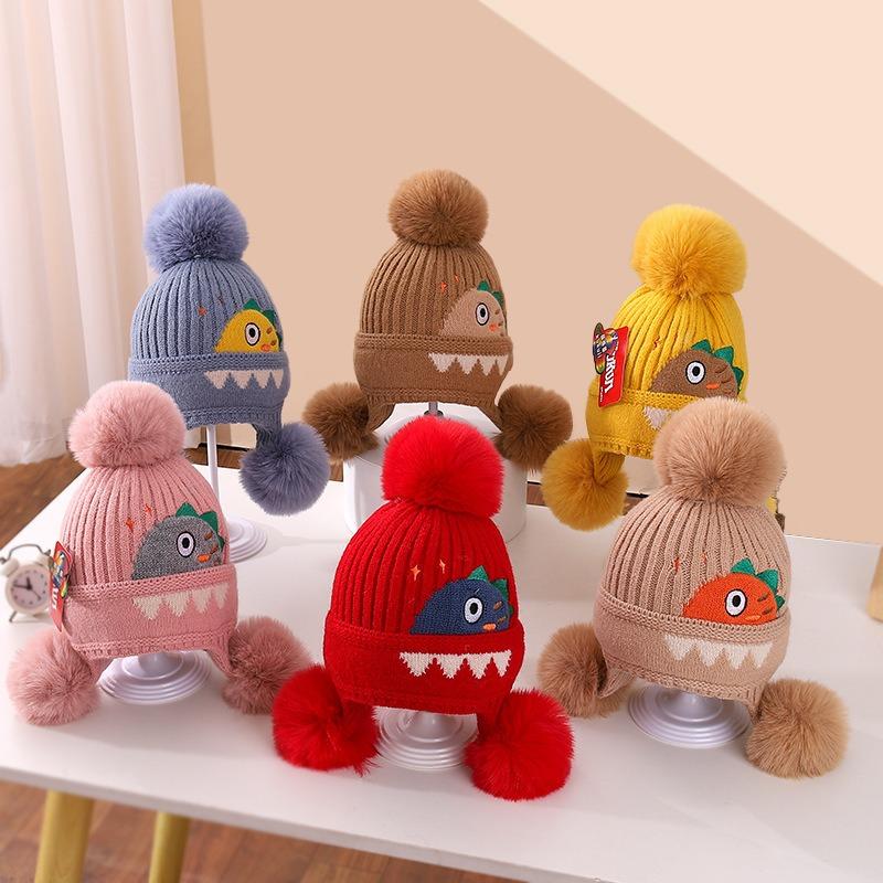 A Children's Dinosaur Wool Hat Winter New Cartoon Jacquard Knitted Hat Medium and Older Boys and Girls Ear Hats